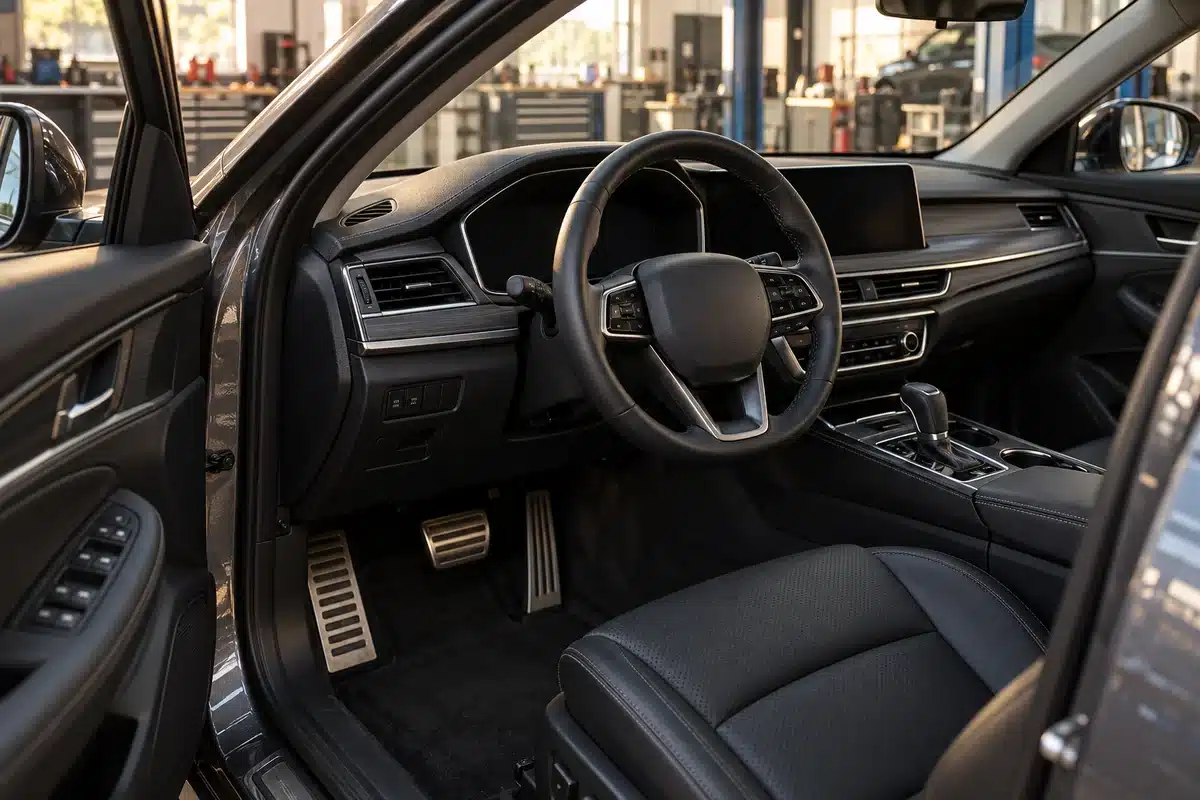 Steering wheel and dashboard of a parked car in a workshop