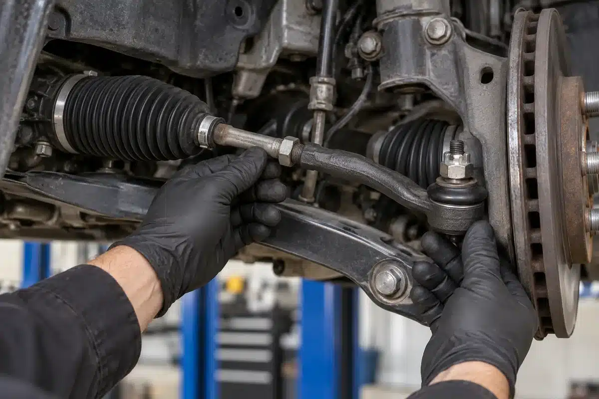 Gloved hands inspecting a steering linkage and rack boot