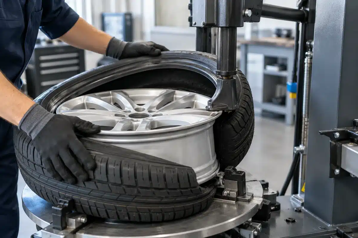 Tire positioned on an alloy wheel during machine fitting