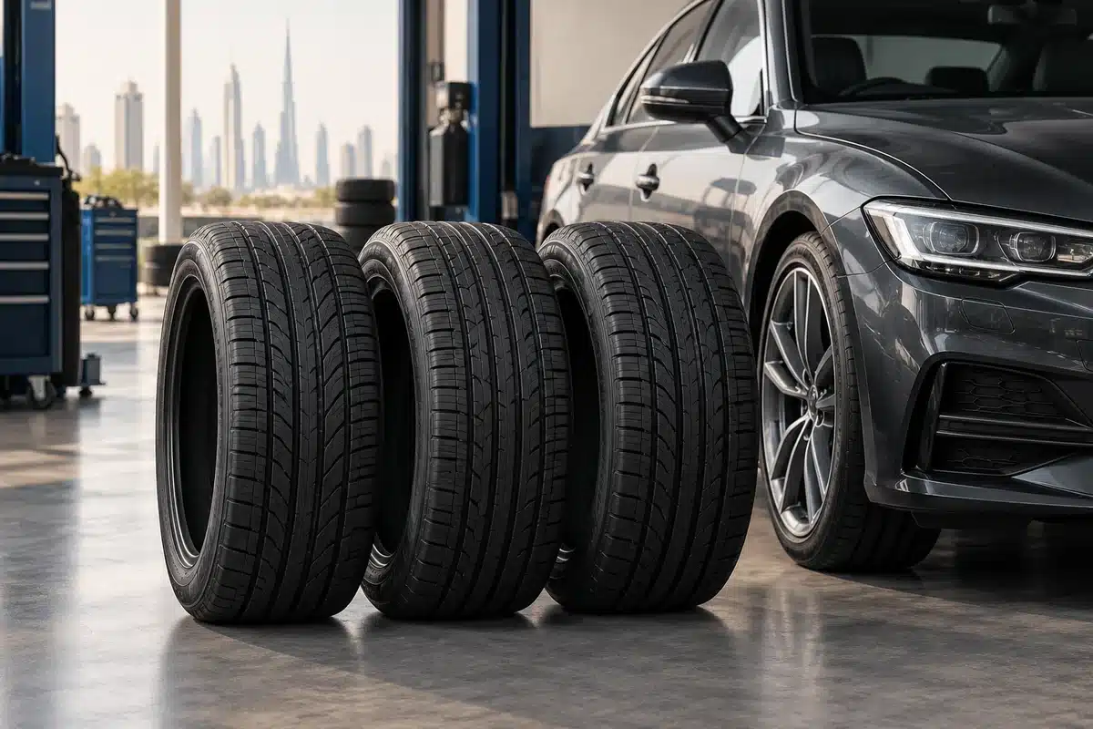 New passenger car tires beside a graphite sedan