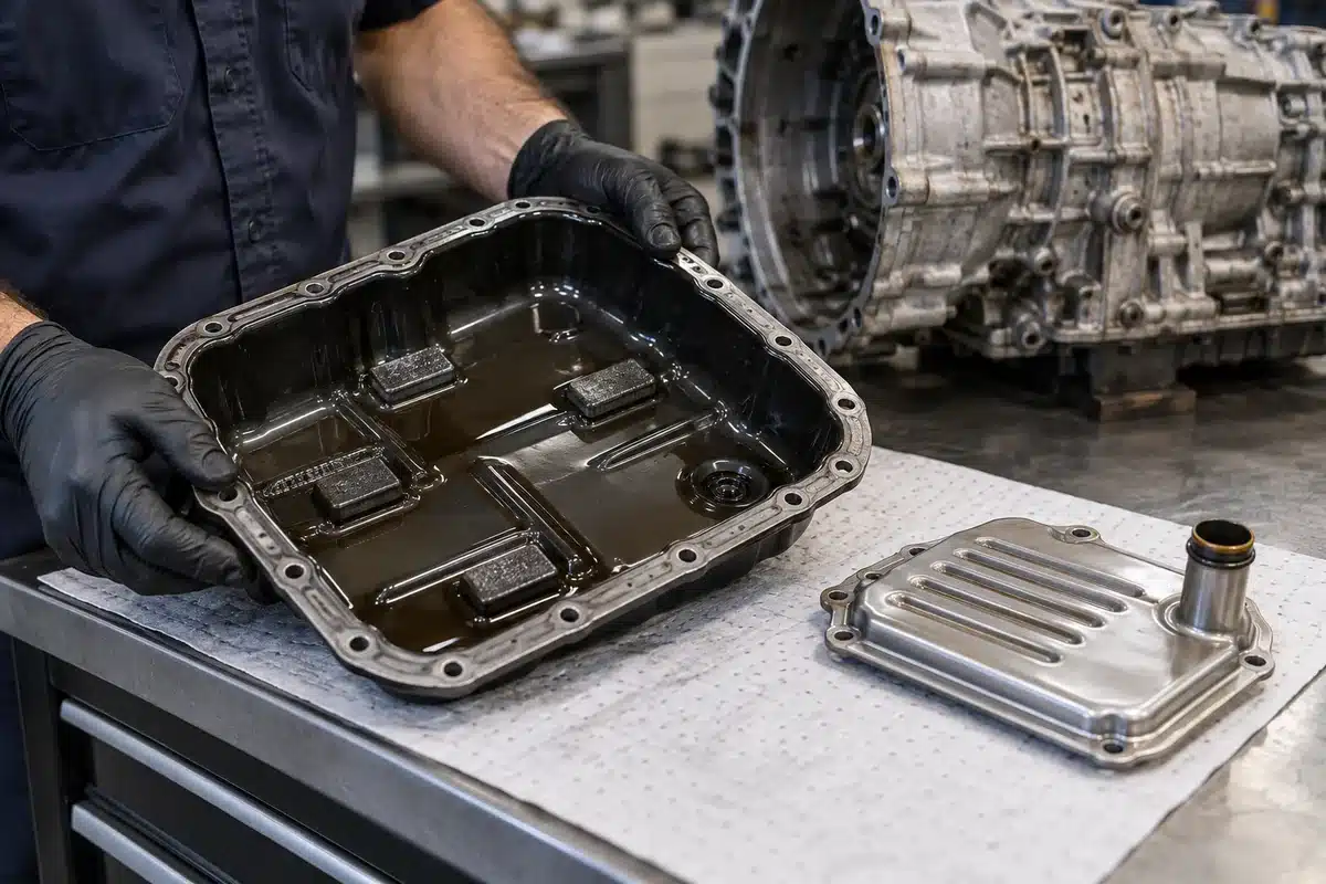 Technician inspecting an automatic transmission with its oil pan removed
