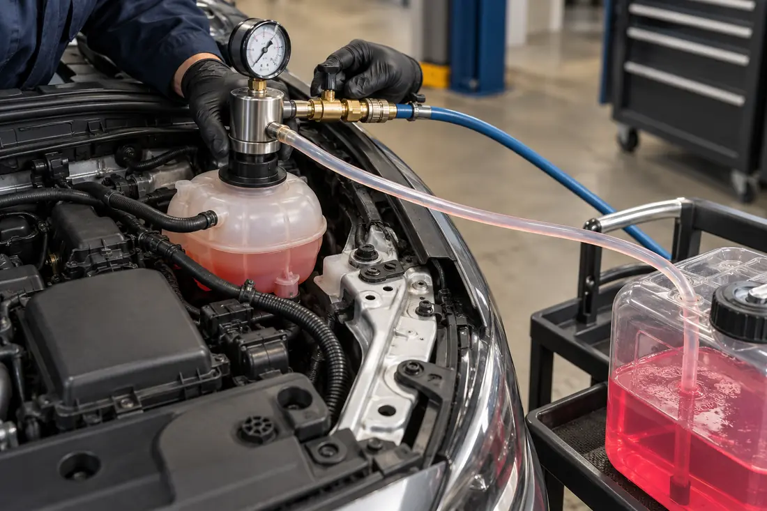 Vacuum refill tool connected to a coolant reservoir with a clear supply hose