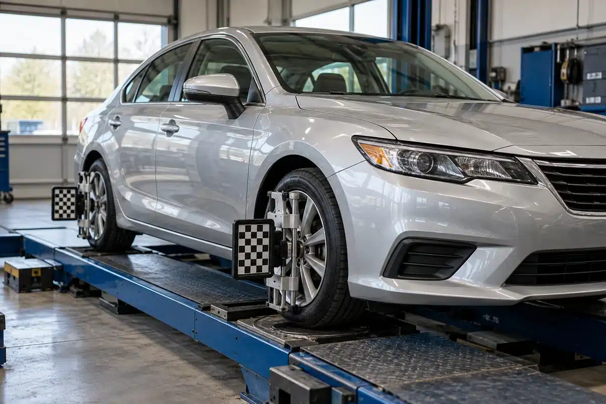 Silver car on an alignment rack with optical targets attached to the wheels