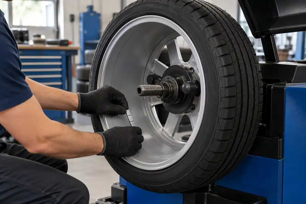 Adhesive balancing weights being fitted inside an alloy wheel on a balancing machine