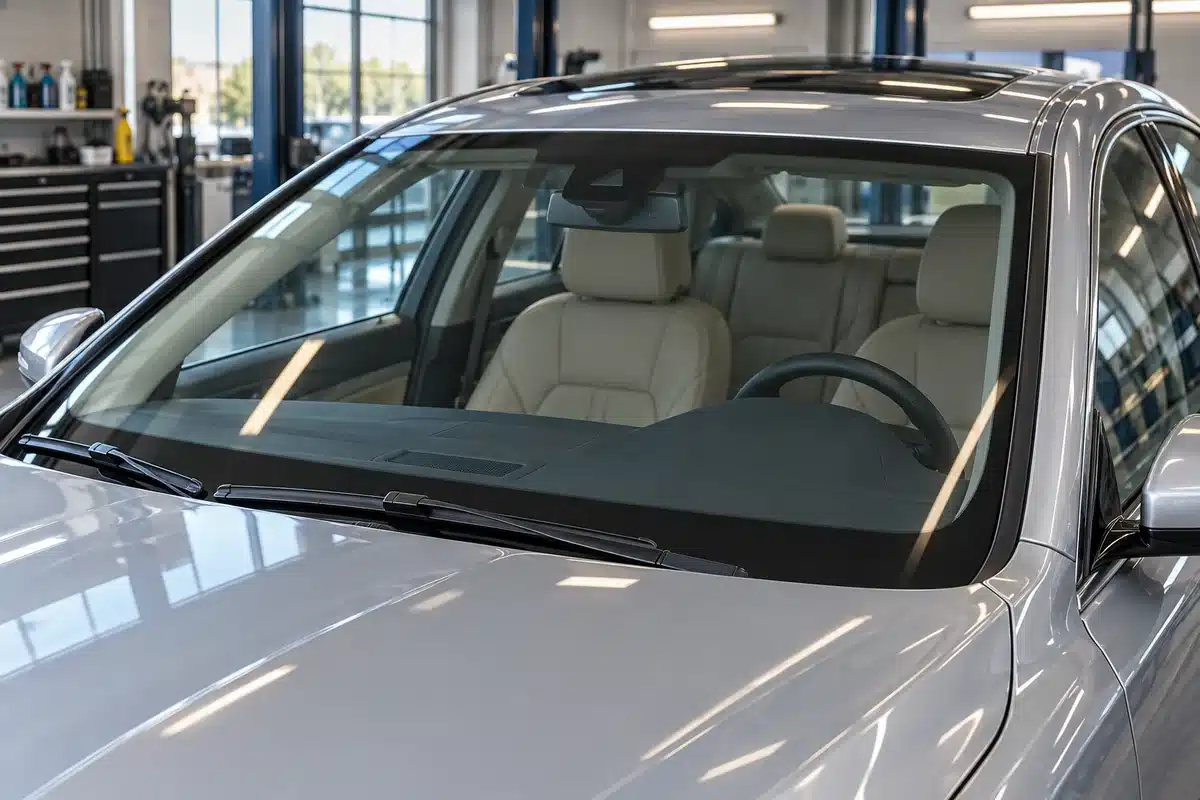 Clear windshield on a silver sedan in a workshop