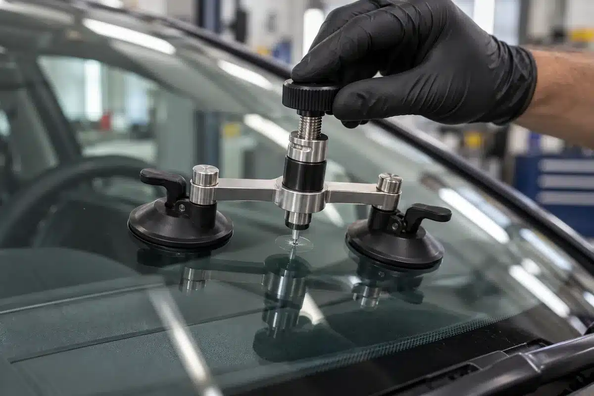 Chip repair tool positioned on a car windshield