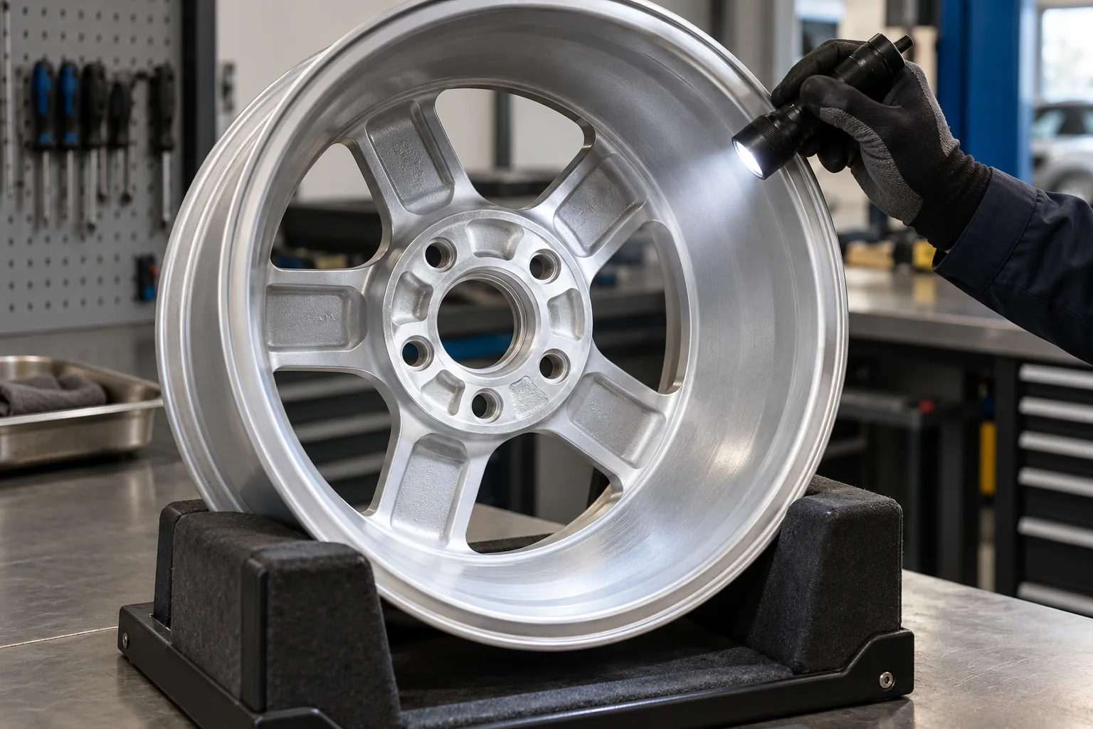 Rear of an alloy wheel illuminated for inner barrel and mounting surface inspection