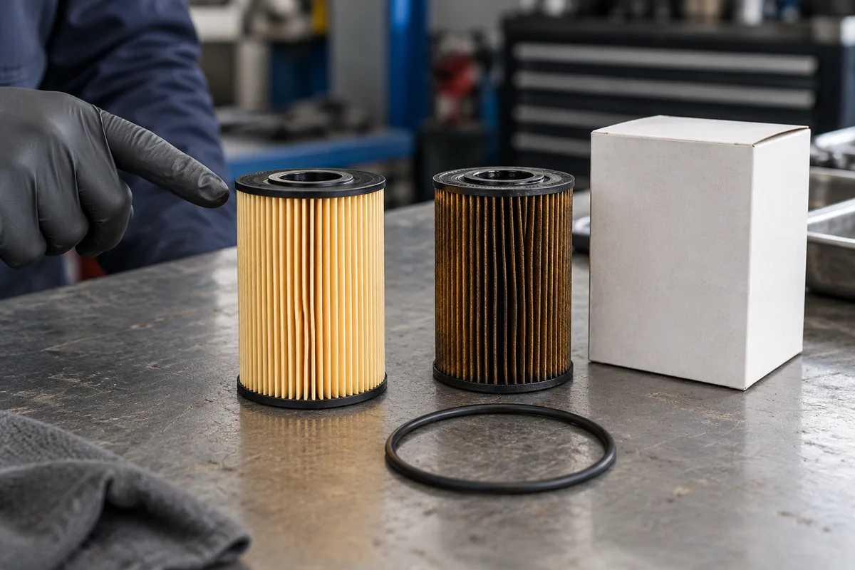 New and used oil filter cartridges beside plain packaging and a replacement seal