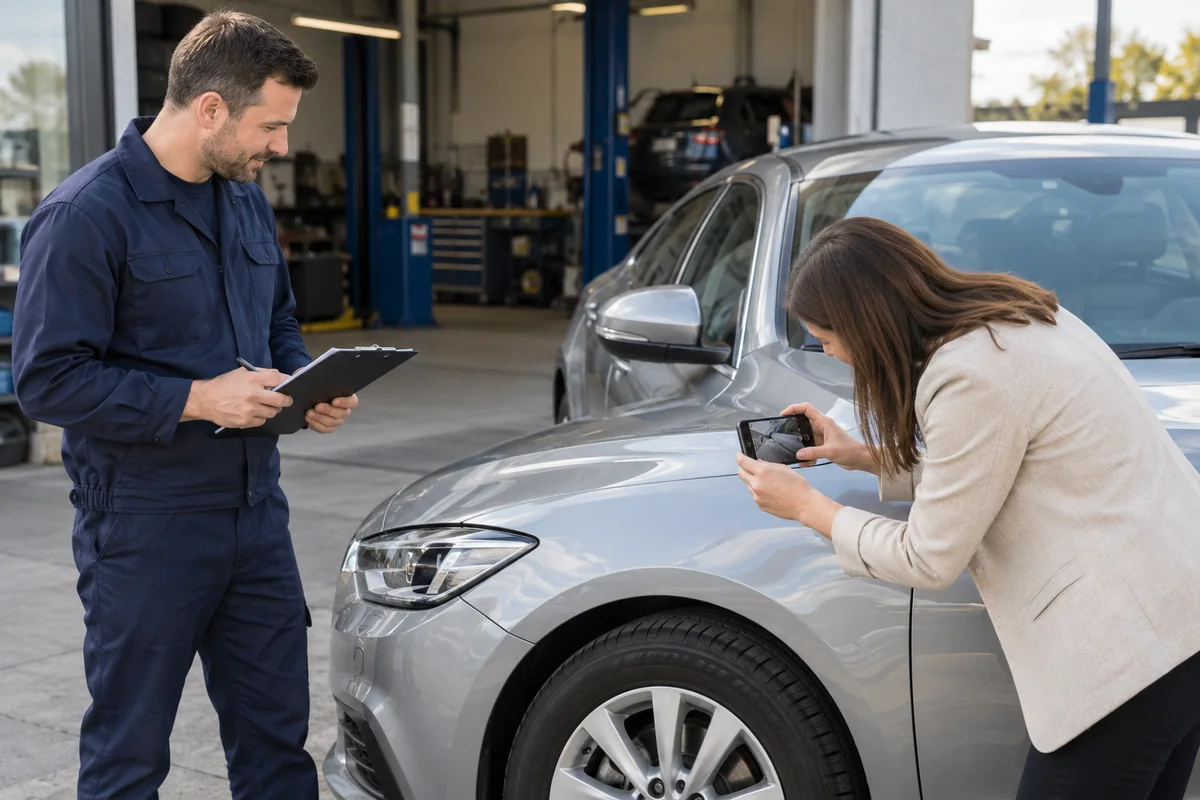 Car owner photographing a fender while a workshop advisor records the vehicle handover