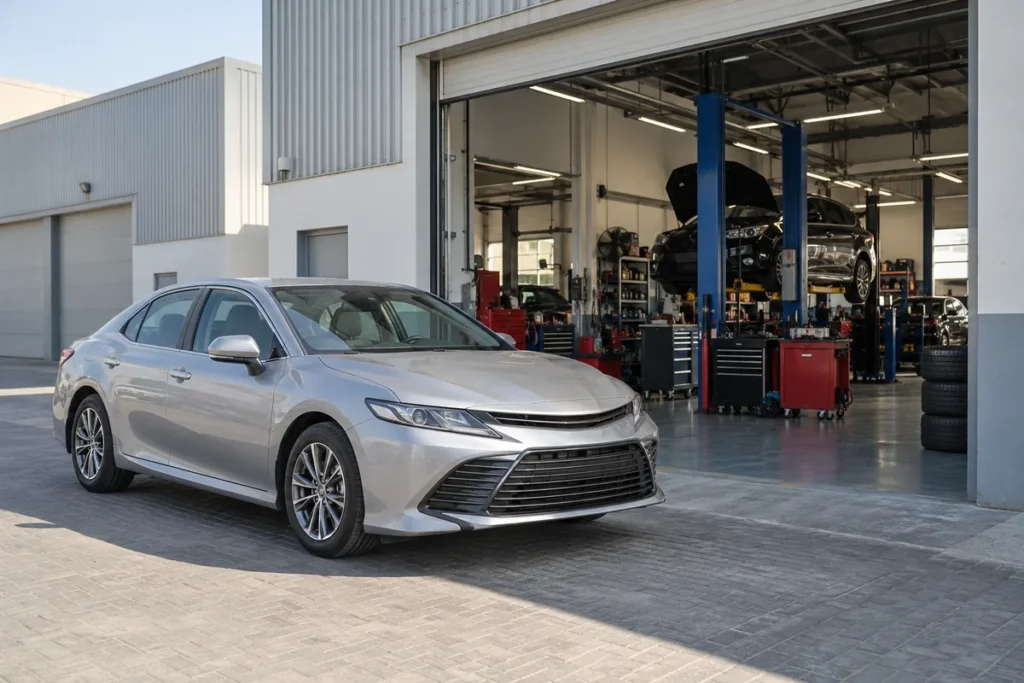 Silver car parked outside an automotive workshop with an open service bay