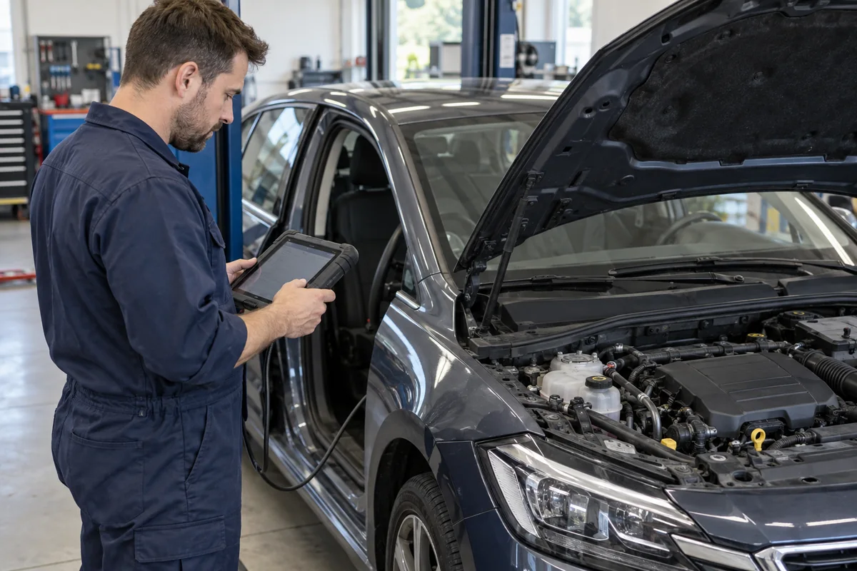 Mechanic reviewing a diagnostic tablet beside an open engine bay