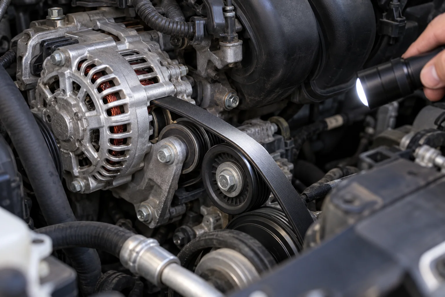 Auxiliary belt seated on an alternator pulley in a stationary engine