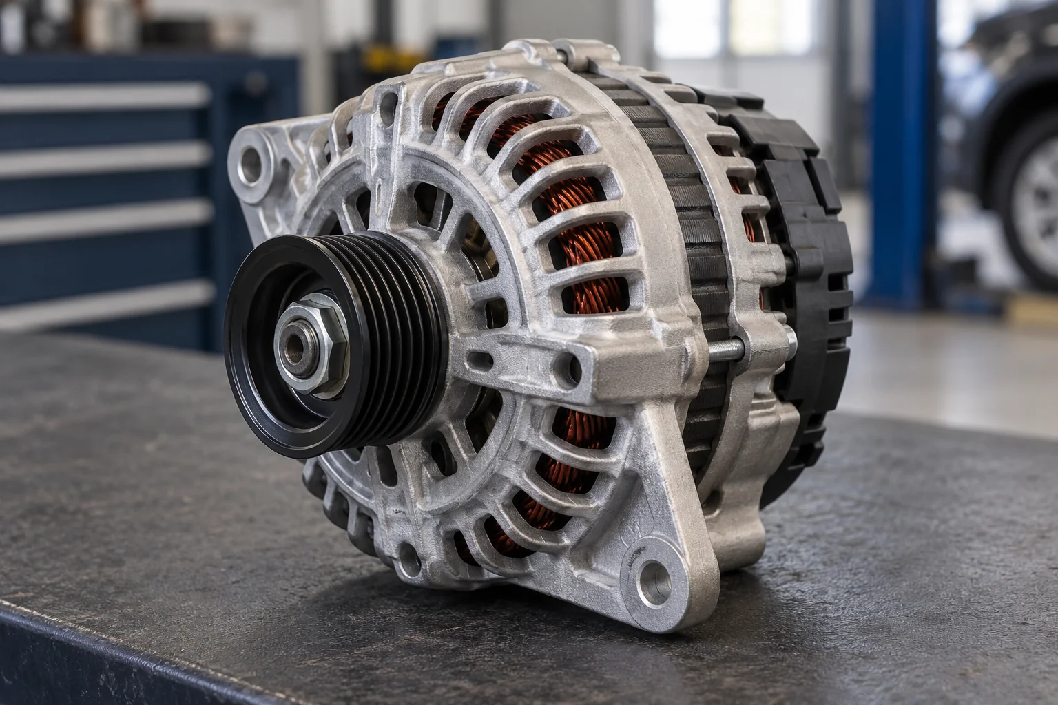 Removed alternator showing its vented housing and grooved pulley