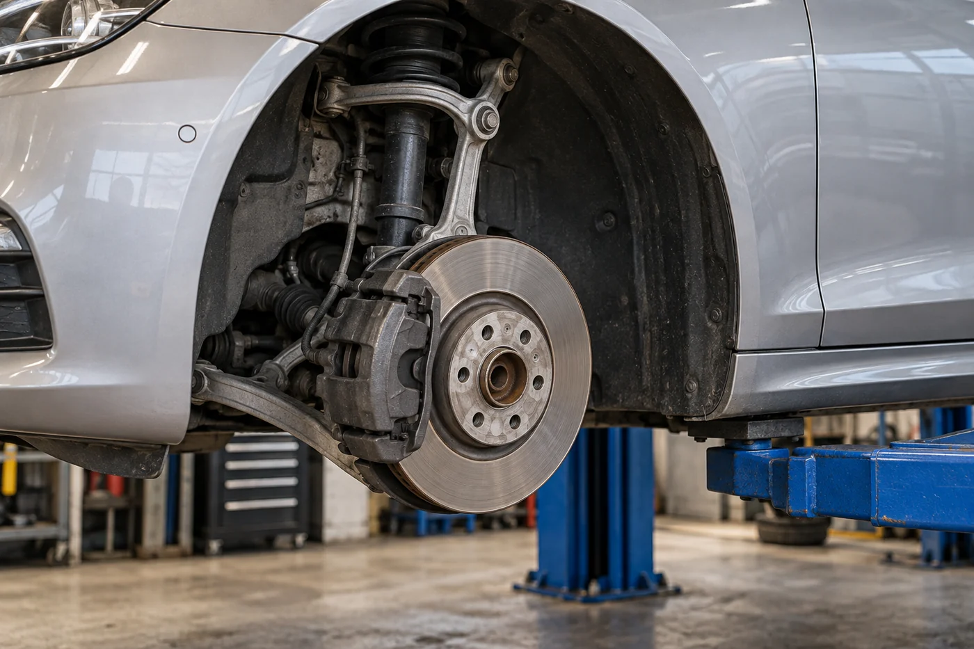 Brake disc, caliper and front suspension with the road wheel removed