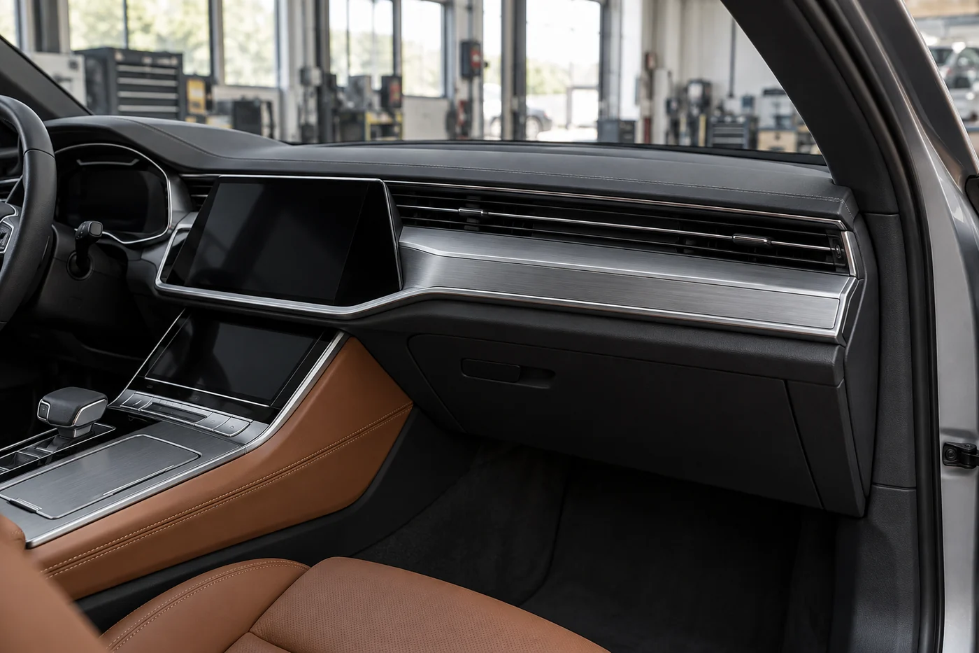 Dashboard air vents, dark infotainment screens and tan leather trim