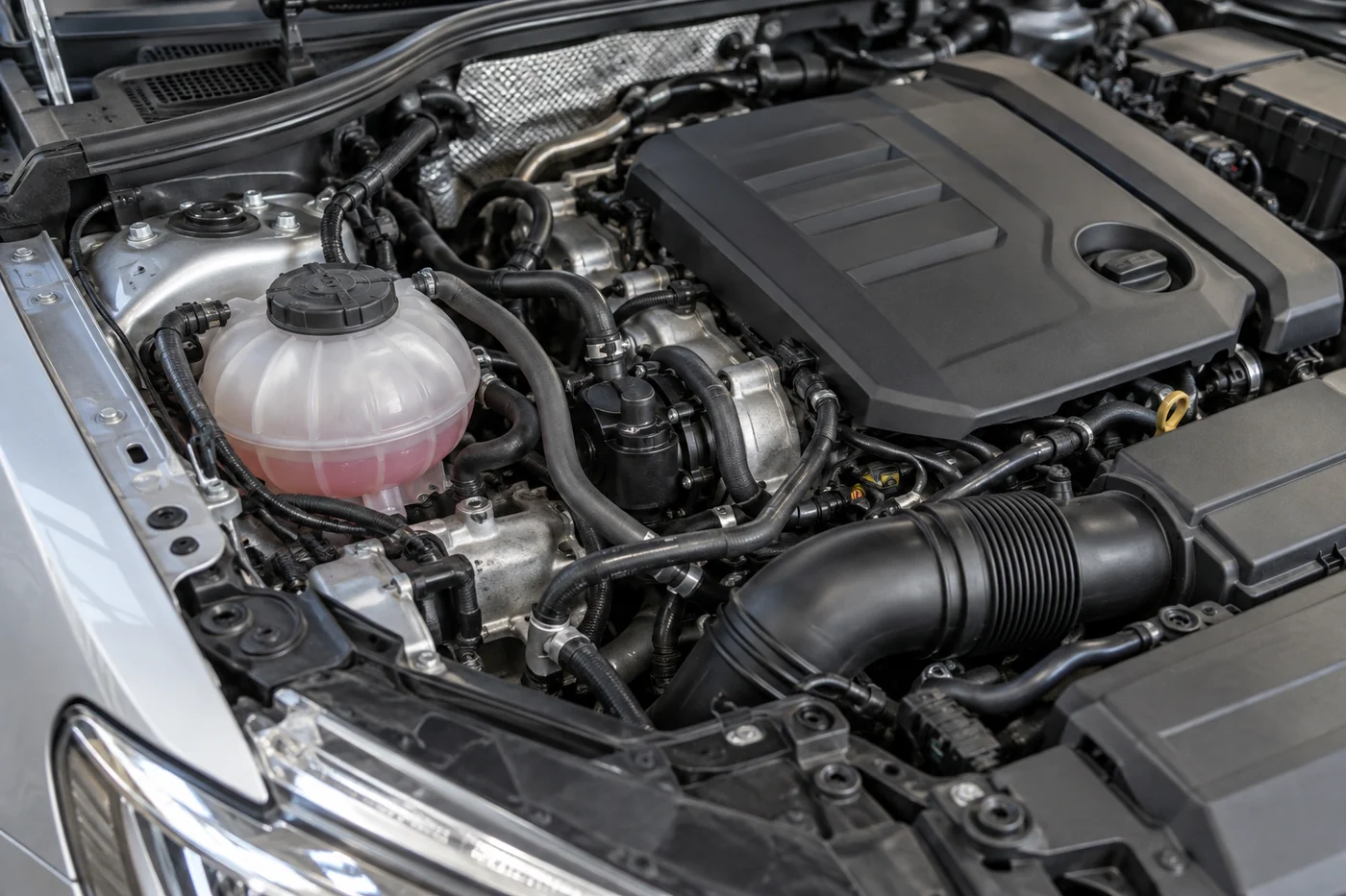 Open engine bay with coolant reservoir, hoses and intake plumbing