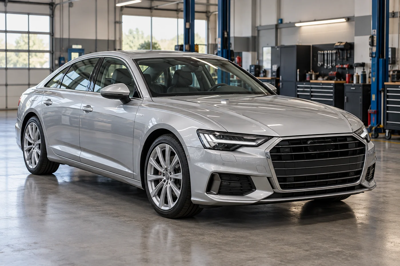 Silver executive saloon parked inside a workshop