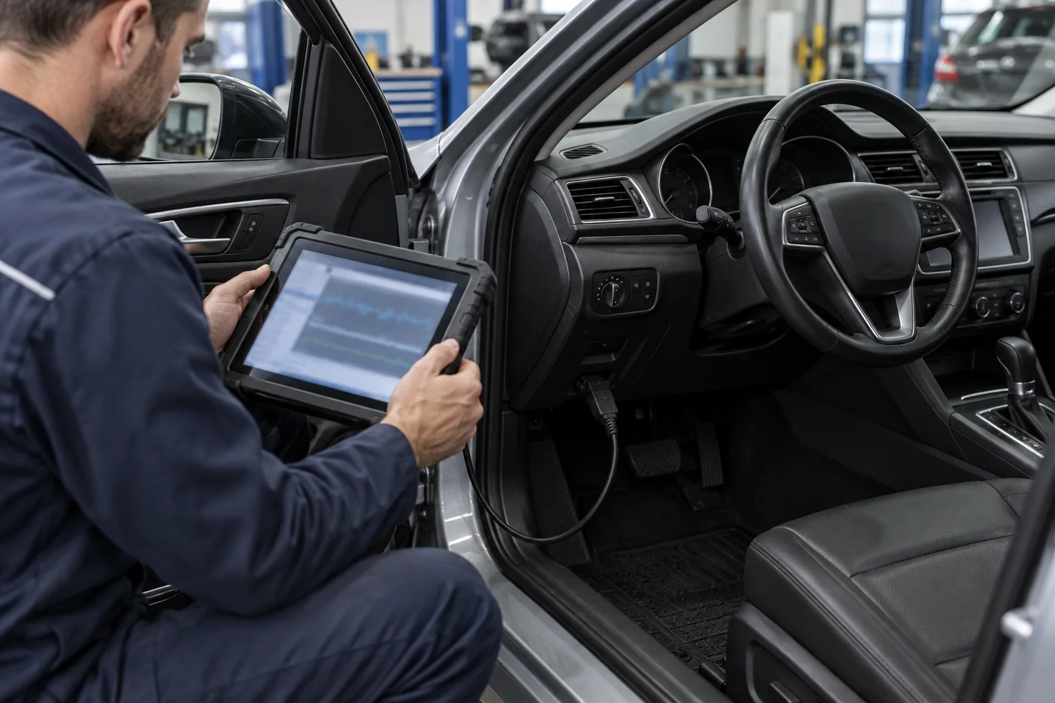 Technician reviewing scan data beside a parked automatic car