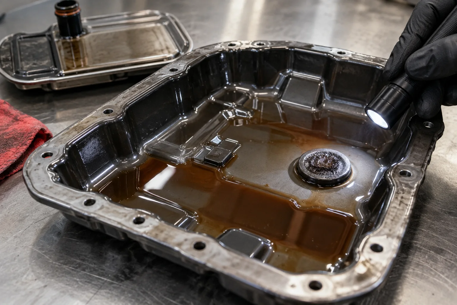 Transmission pan fluid and magnet being inspected on a workbench