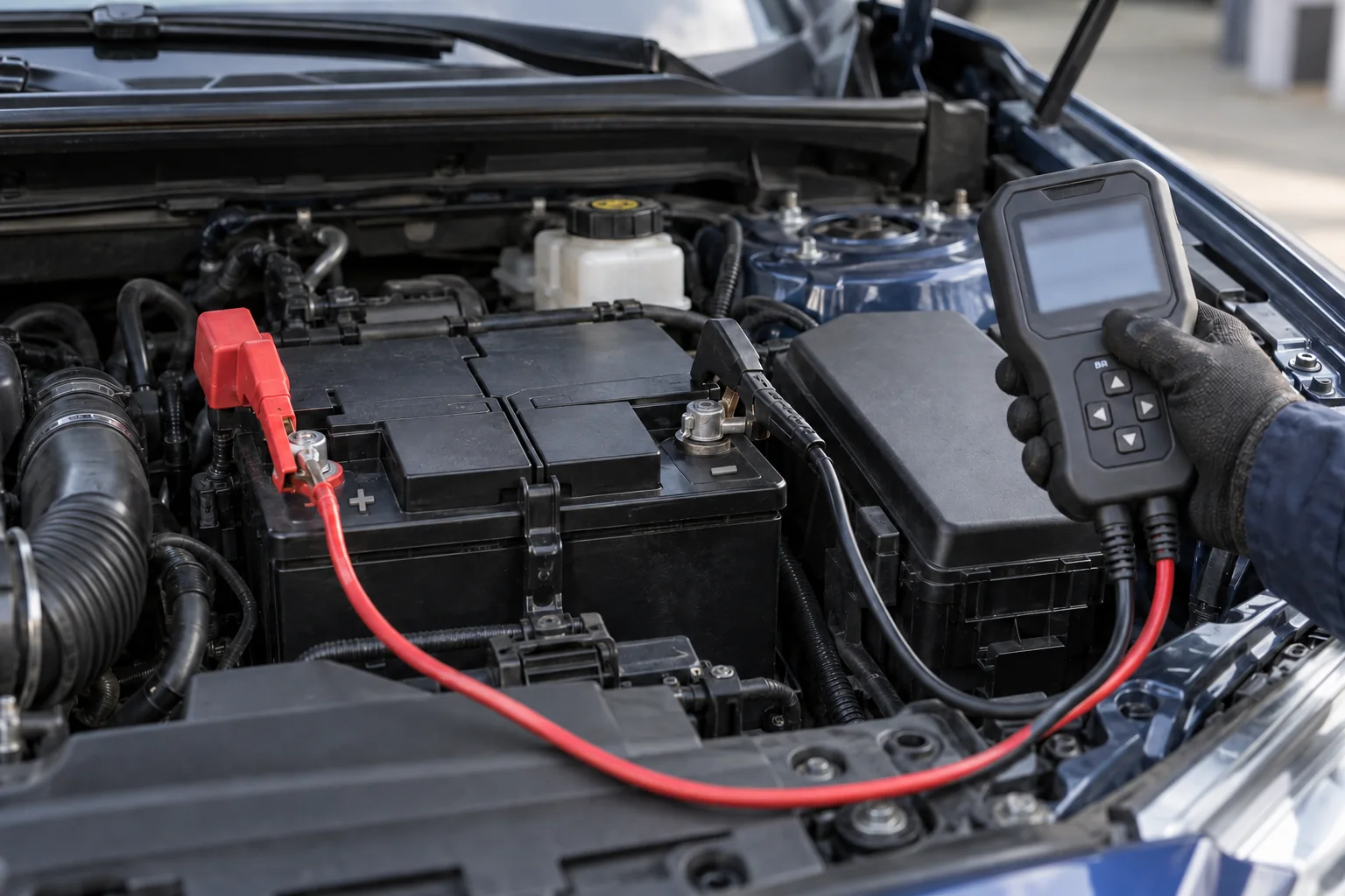 Battery tester connected to the correct positive and negative battery terminals