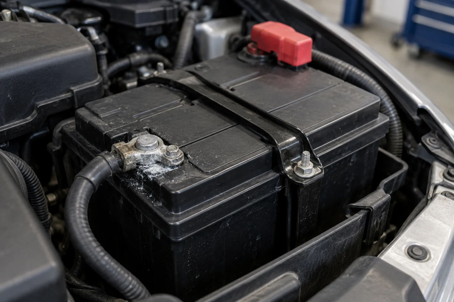 Visible corrosion around a car battery terminal connection