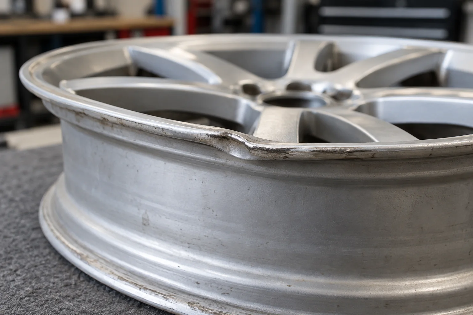 Close-up of a visibly distorted alloy wheel flange
