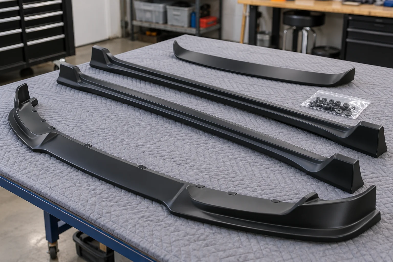 Separate black bumper lip, side skirts, boot spoiler and fasteners on a padded workbench