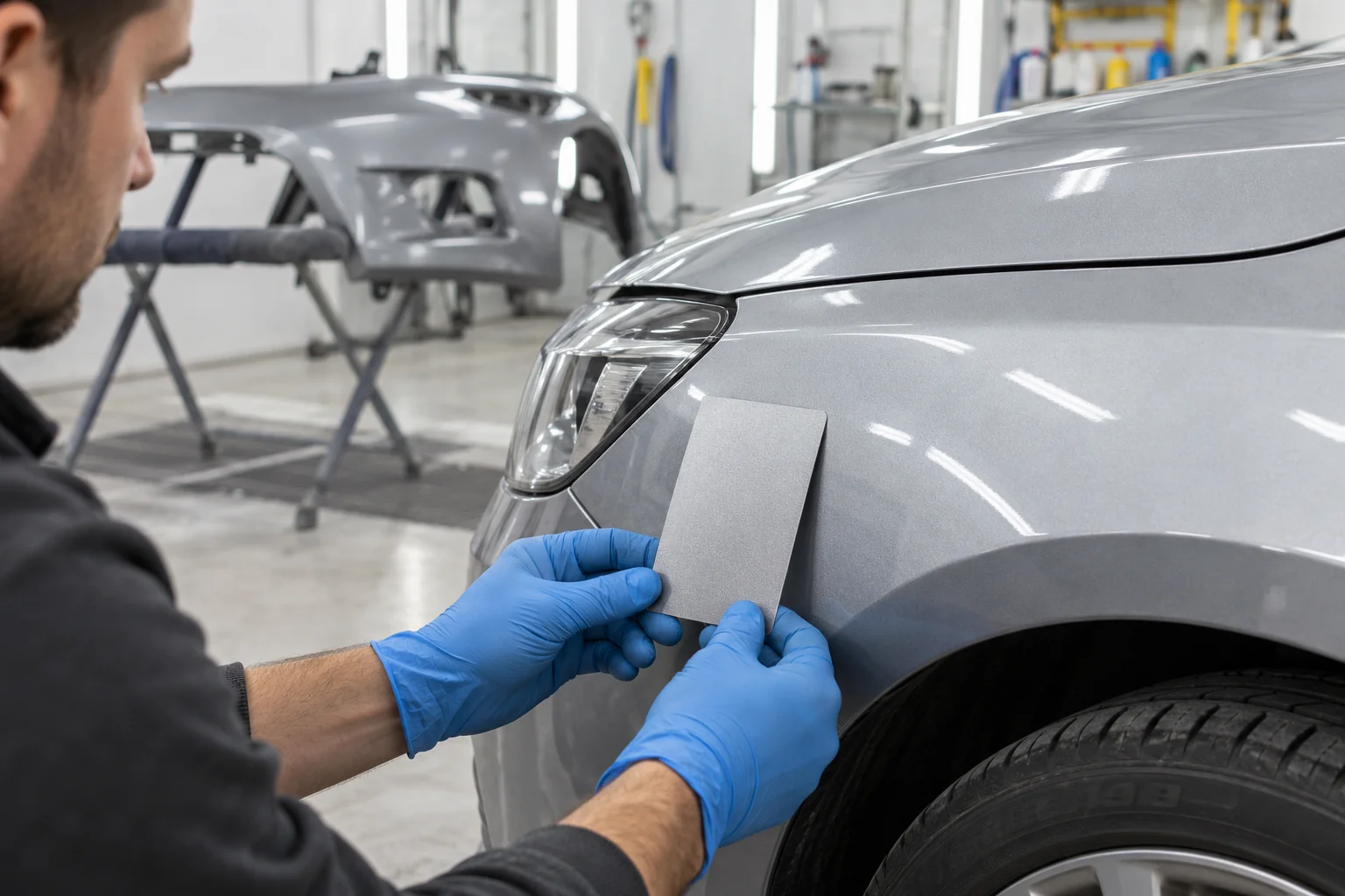 Gloved technician comparing a silver paint sample against the car fender before finishing