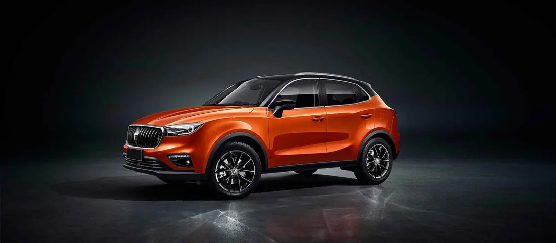 Orange Borgward BX5 viewed from the front and side