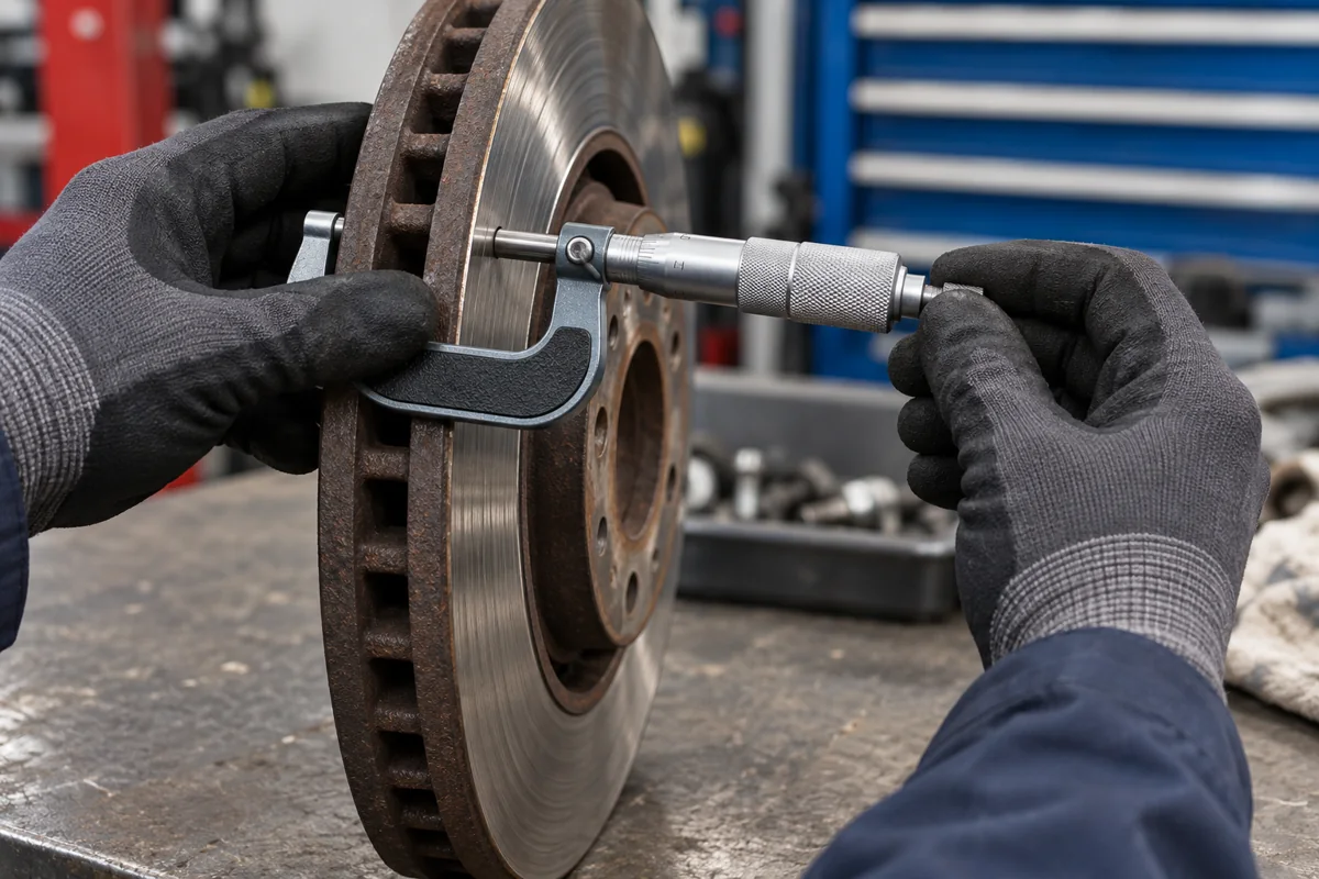 Gloved hands holding an outside micrometer against a ventilated brake disc