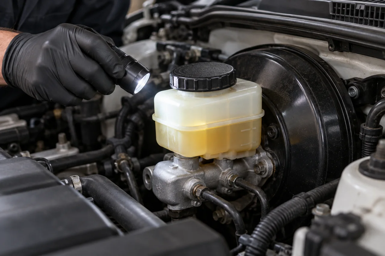 Gloved hand using a torch to view a closed brake fluid reservoir