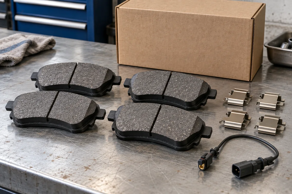 Four matching new brake pads with fitting clips and a wear sensor lead on a workbench