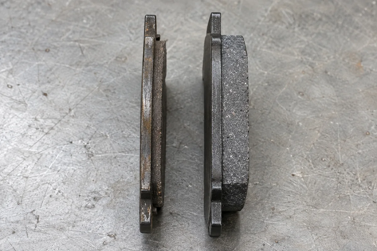 Side views of a thin used brake pad and a thicker new brake pad on a workbench