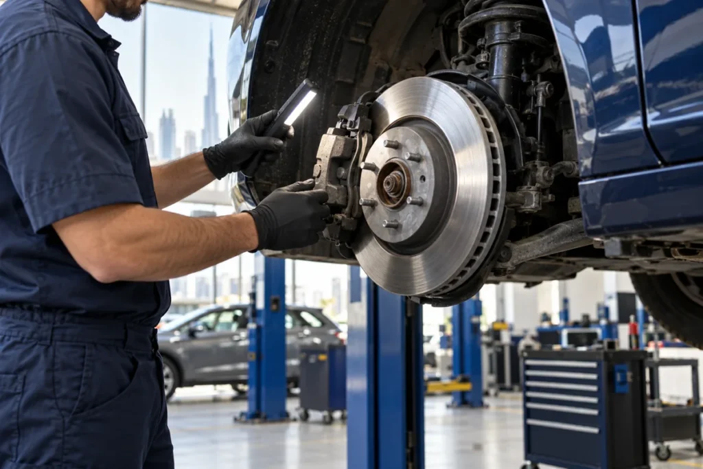 Technician inspecting an exposed brake disc and caliper with an inspection lamp
