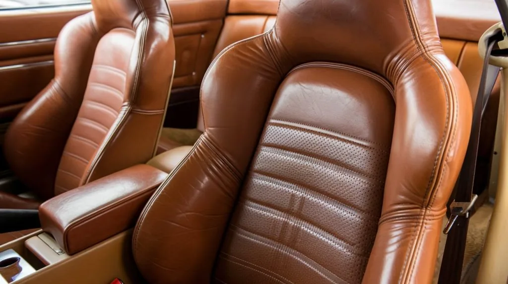 Brown leather car seats with stitched centre panels
