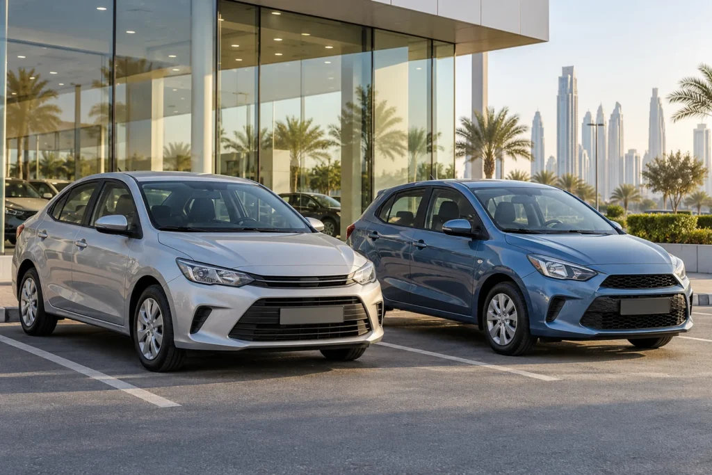 Silver compact sedan and blue hatchback parked outside a glass-fronted showroom