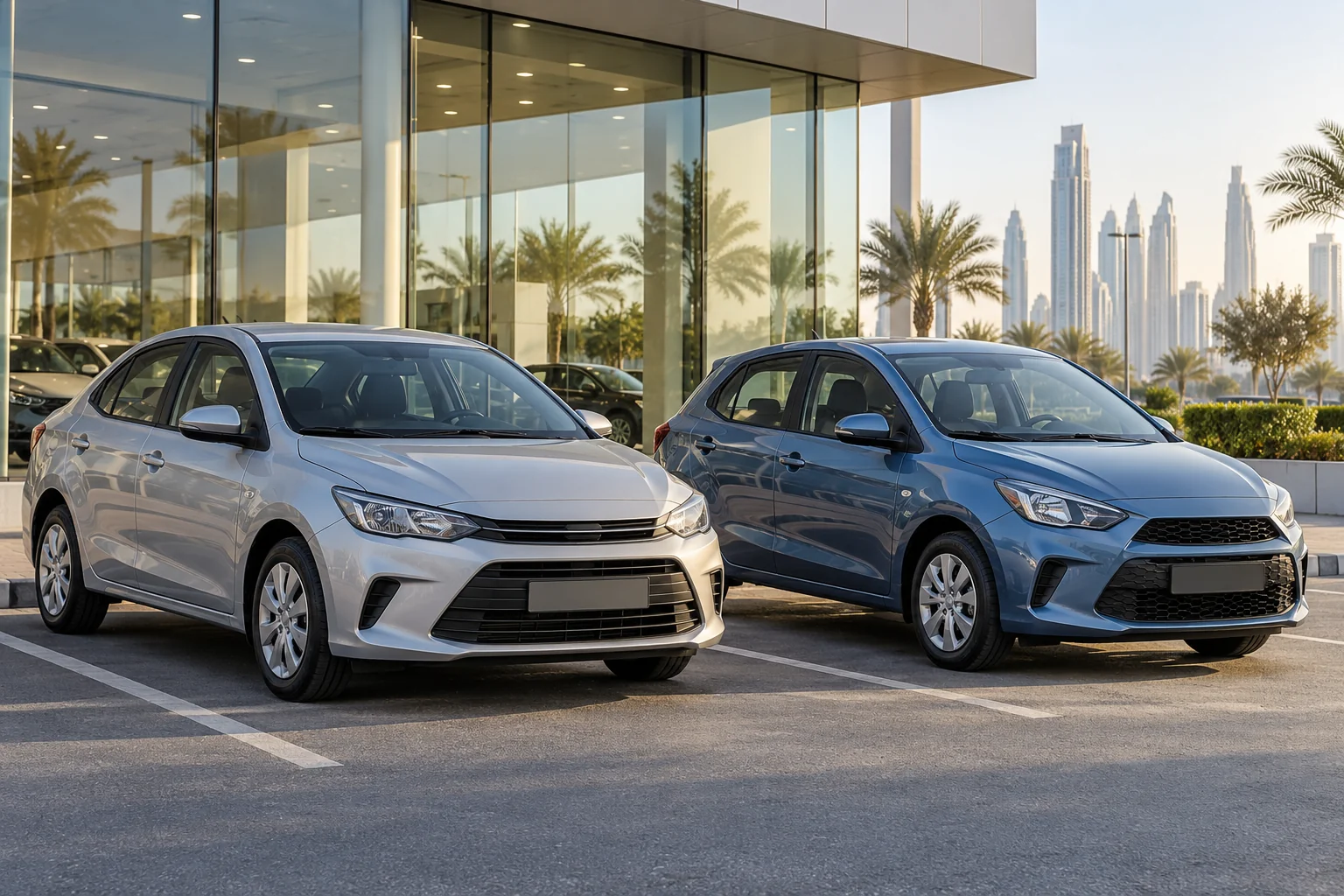 Compact sedan and hatchback parked outside a showroom