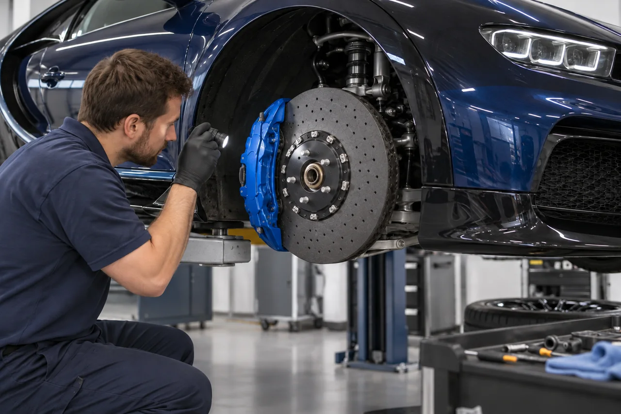 Bugatti Chiron brake disc and caliper inspection with the wheel removed