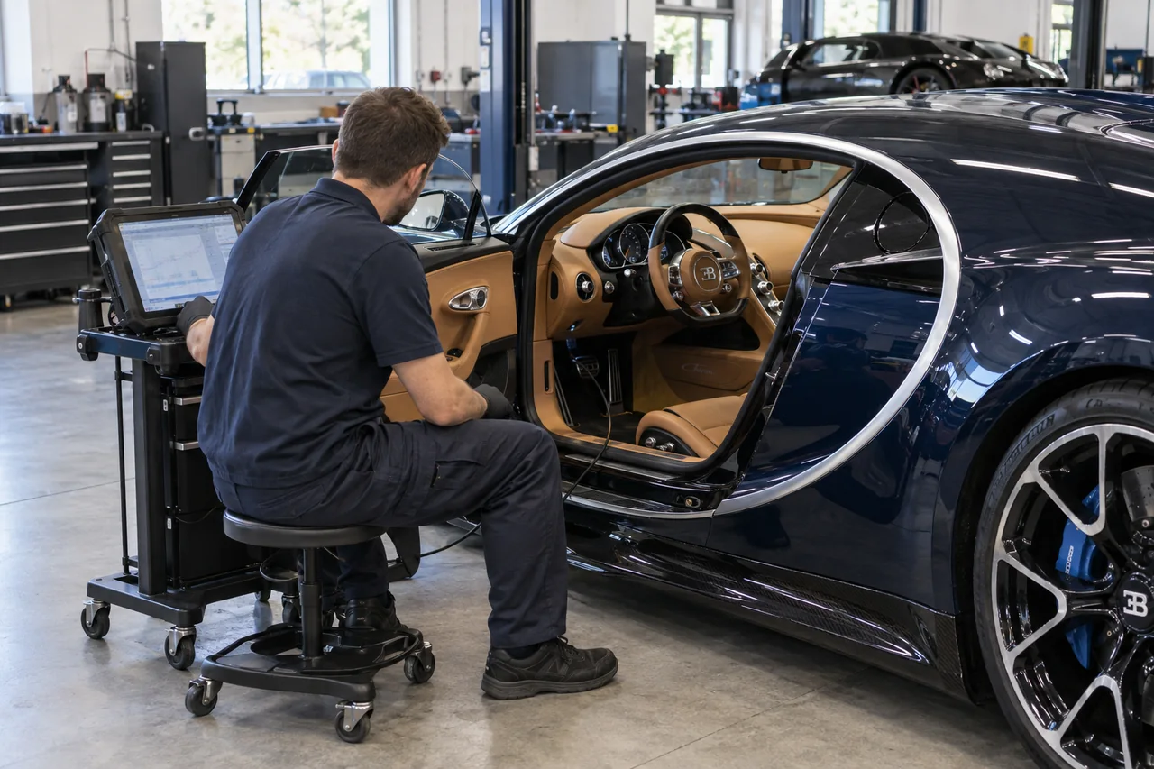 Technician checking a Bugatti Chiron with a diagnostic computer