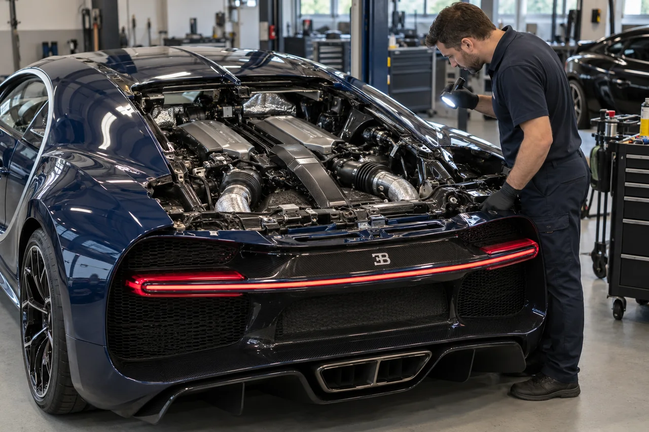 Technician inspecting the rear engine compartment of a Bugatti Chiron