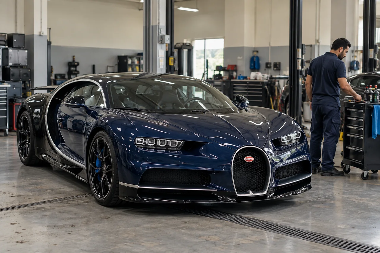Bugatti Chiron in a garage service bay