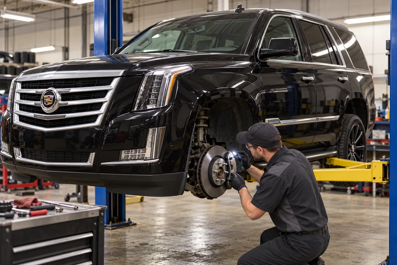 Technician inspecting the front brake on a raised Cadillac Escalade