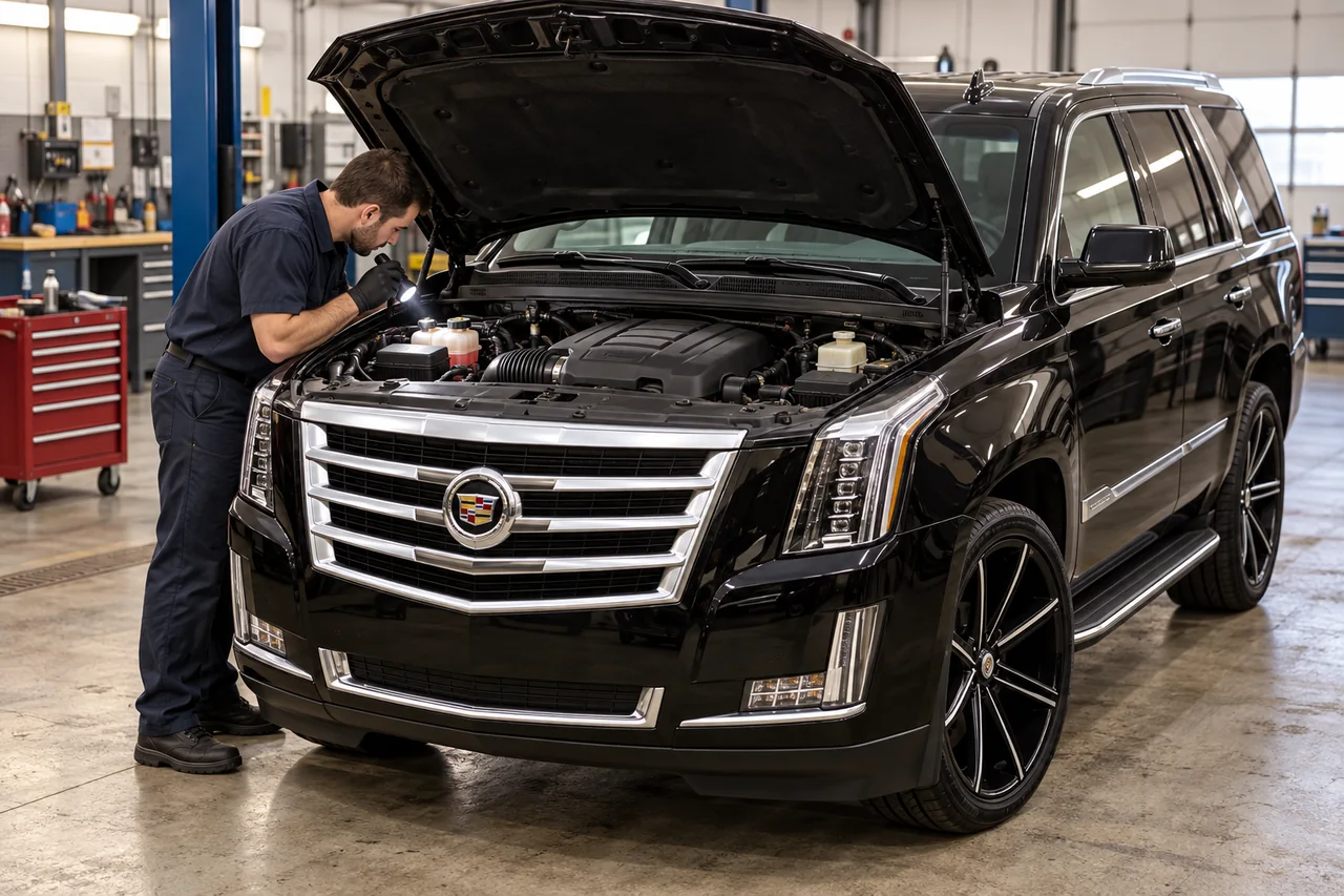 Technician checking under the open hood of a Cadillac Escalade