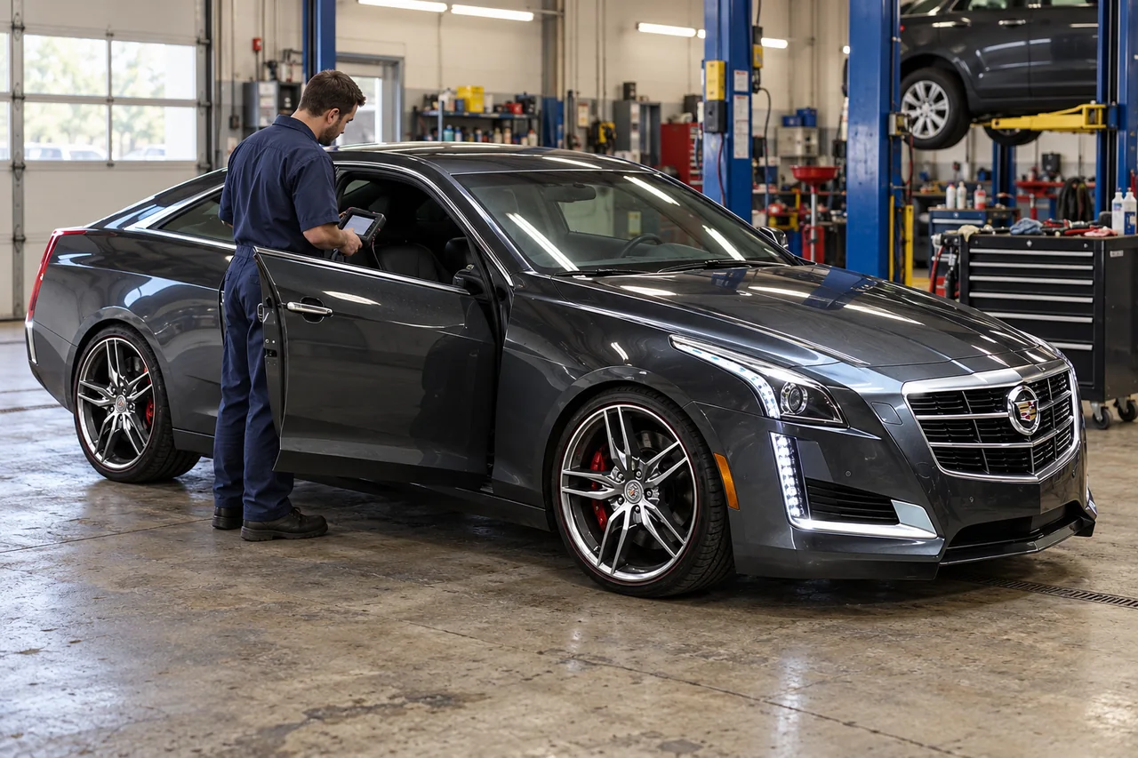 Technician using a tablet beside a dark sedan in an indoor workshop