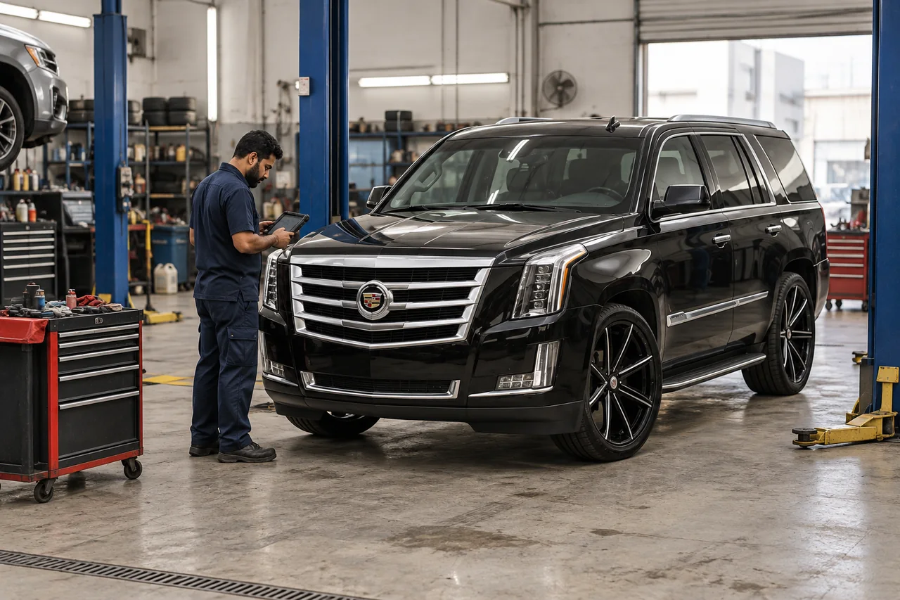 Black Cadillac Escalade beside a technician using a diagnostic tablet