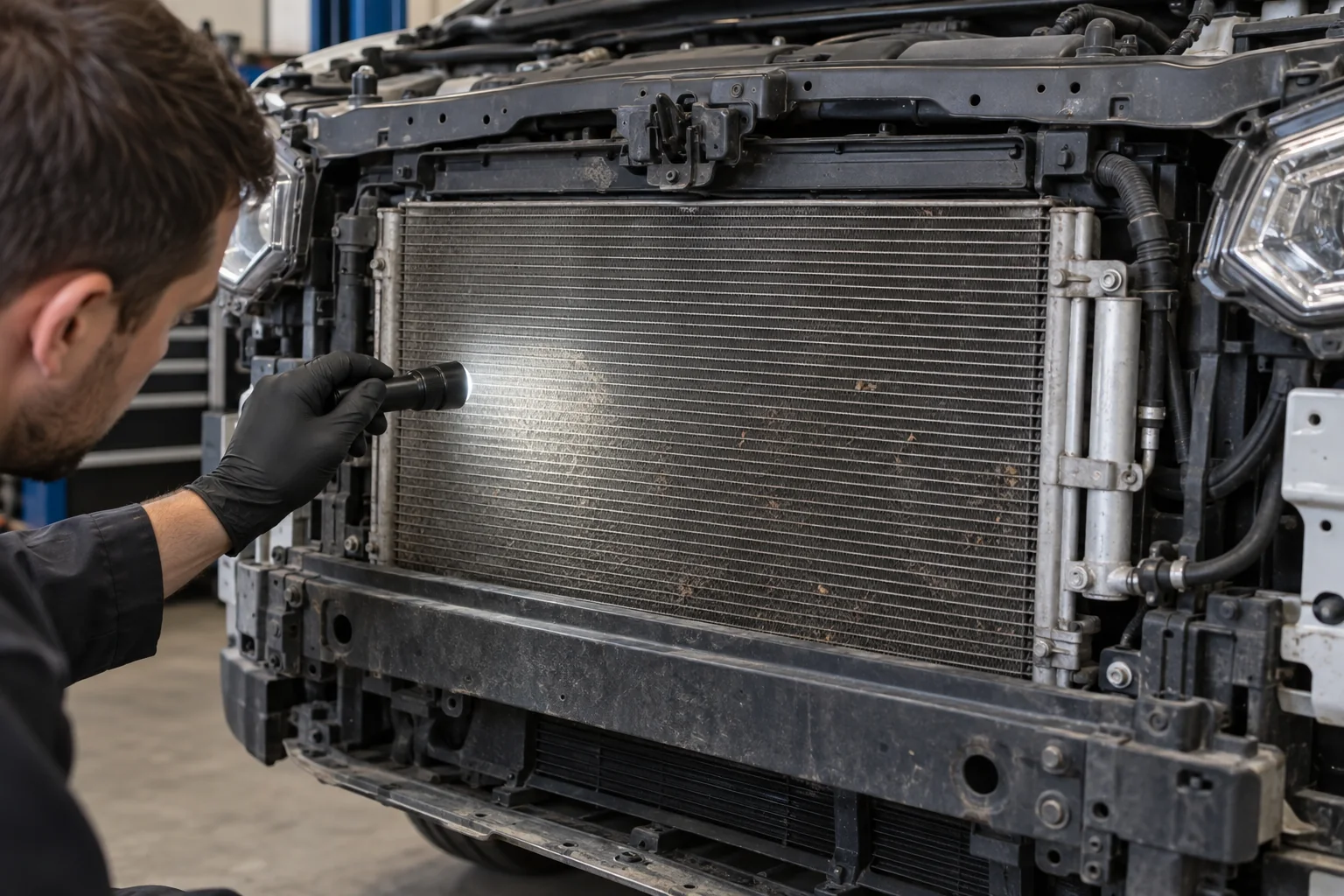 Technician illuminating the exposed condenser fins at the front of a car