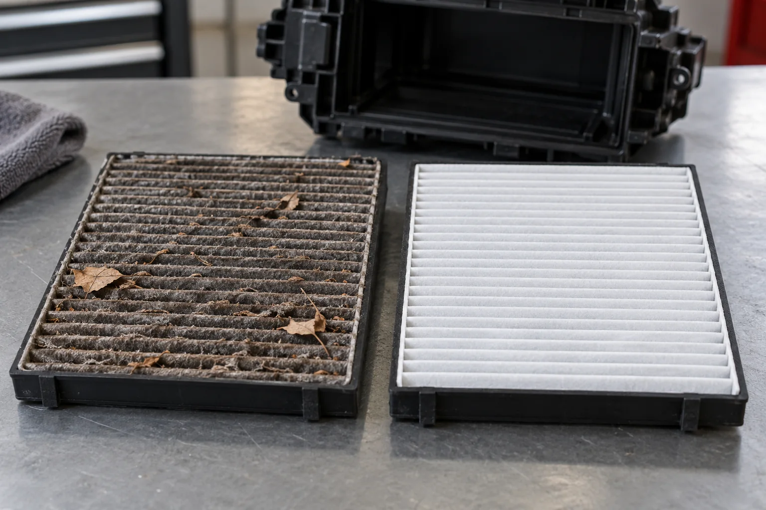 Dusty used cabin air filter beside a clean pleated replacement