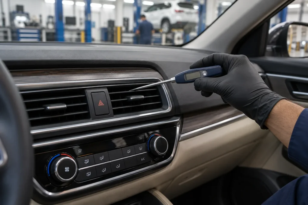 Gloved technician checking a dashboard air vent with a probe thermometer