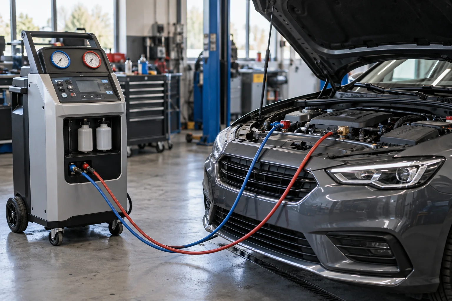 AC refrigerant service machine beside a car with its bonnet open