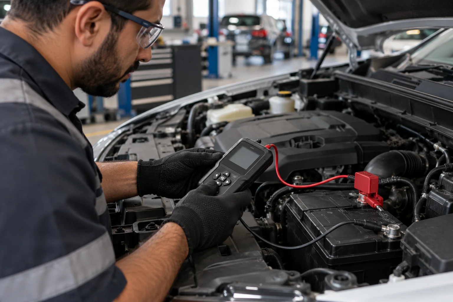 Mechanic using a battery tester with thin test leads connected to a sealed car battery